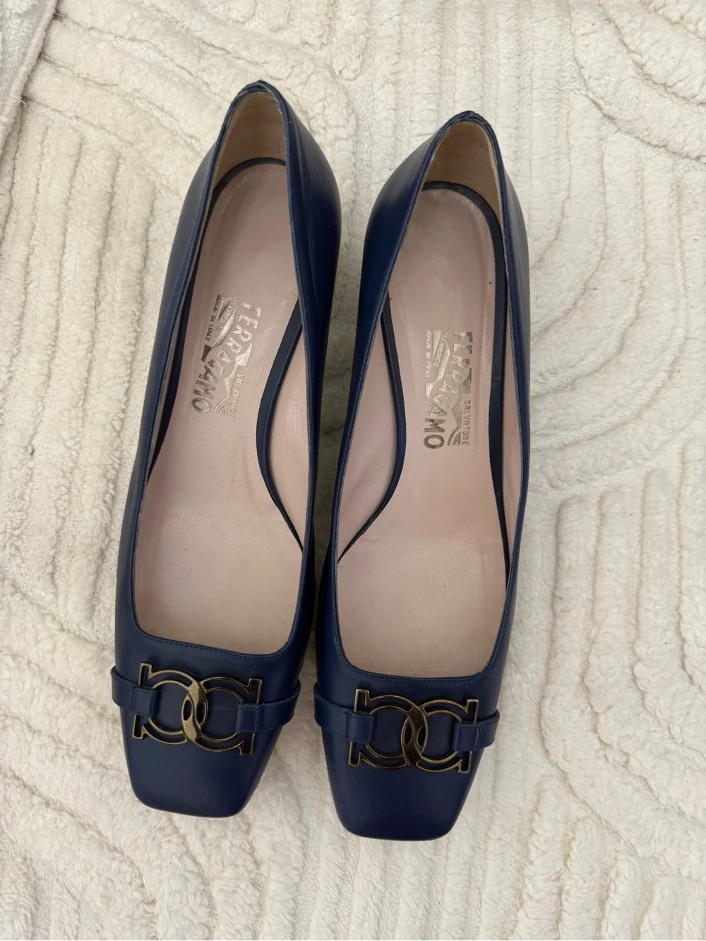 Salvatore Ferragamo Navy Leather Square-Toe Flats with Gold Logo